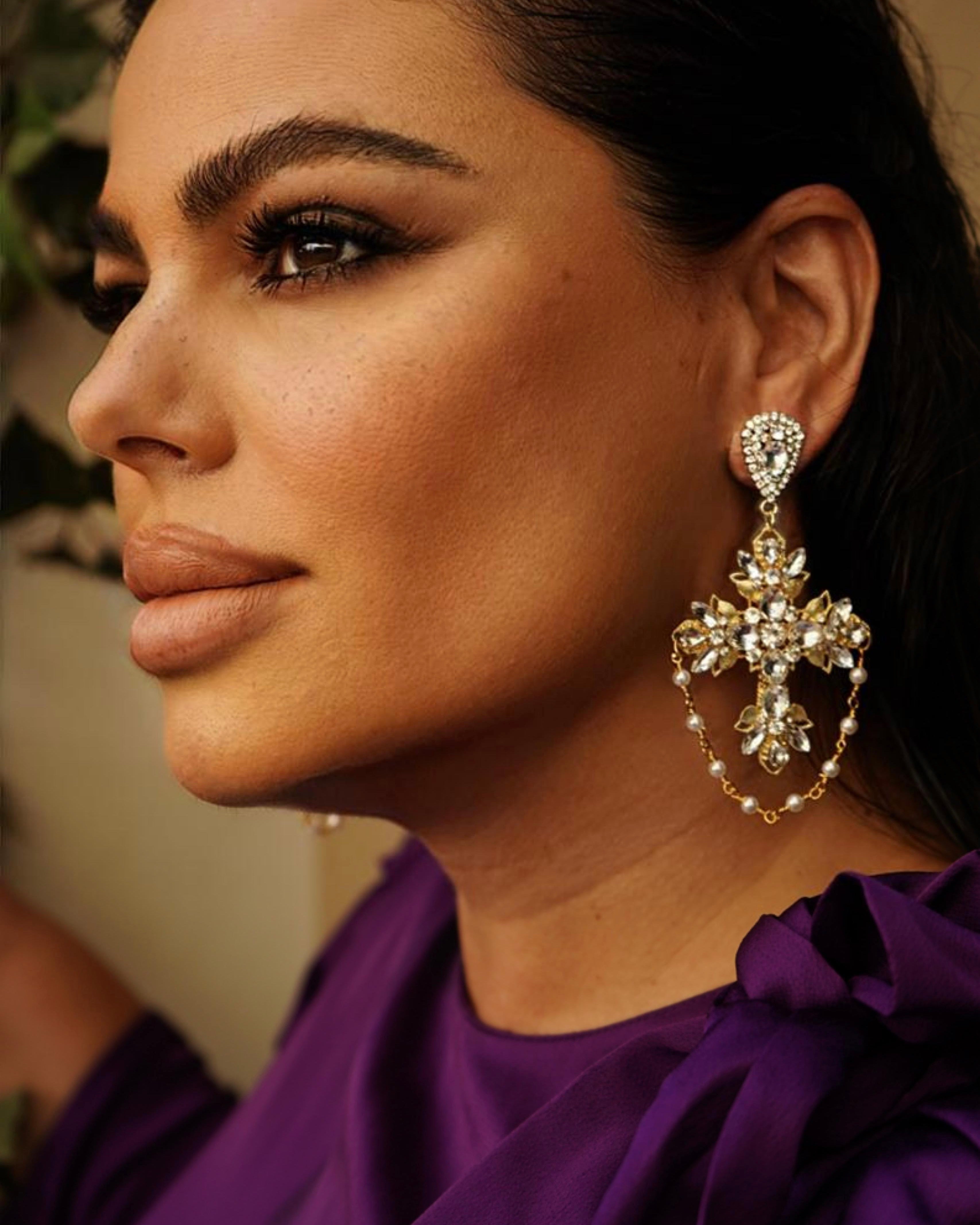 Silver Rhinestone Cross Earrings